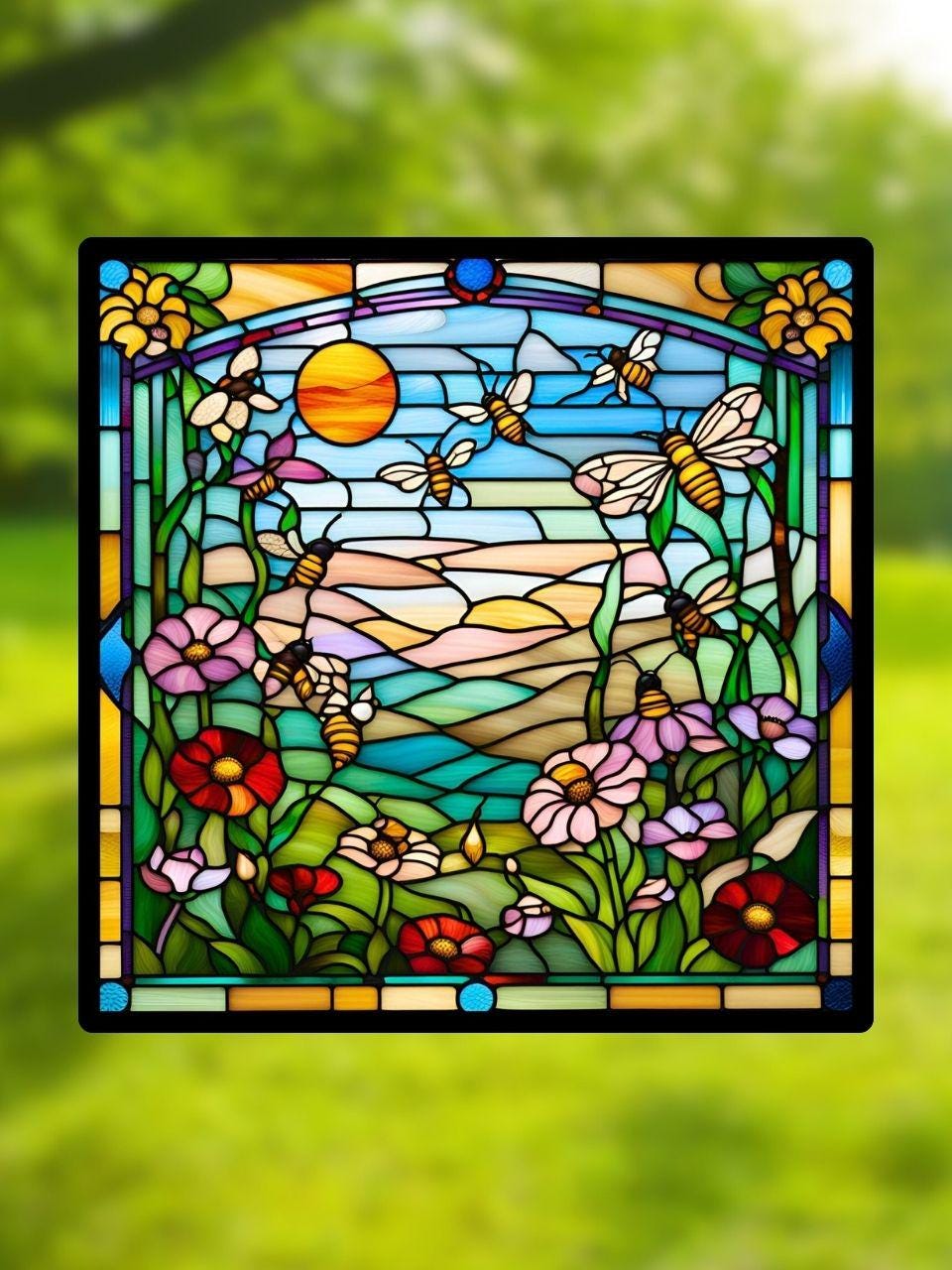 Vitrail Abeilles – Décoration de Vitre Naturelle – Cadeau Original pour Amoureux des Insectes