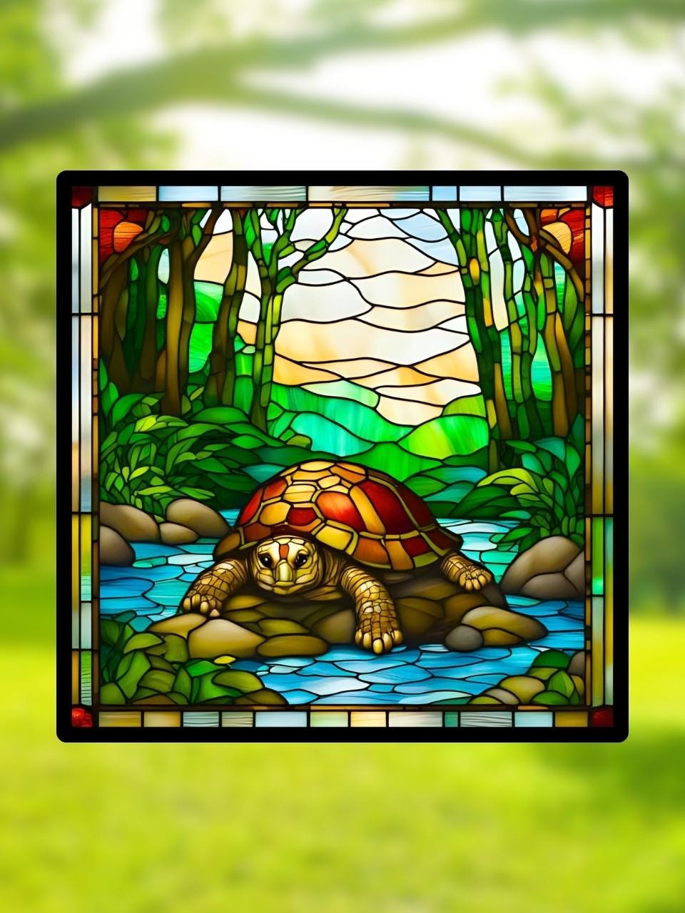 Vitrail La Tortue de Terre – Décoration de Vitre – Cadeau Original pour Amoureux des Tortues