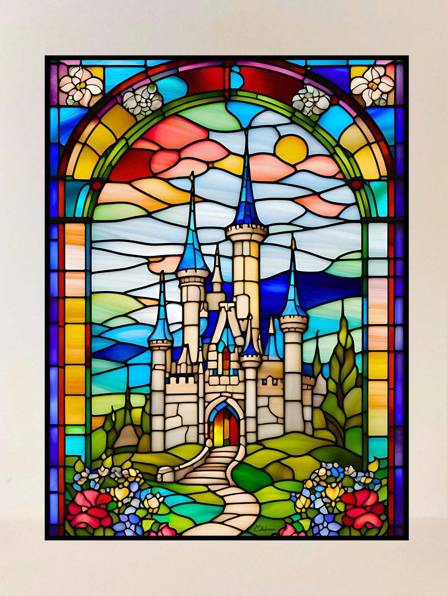 Vitrail Château de Conte de Fées 30x40cm – Décoration vitre Féerique – Cadeau Magique