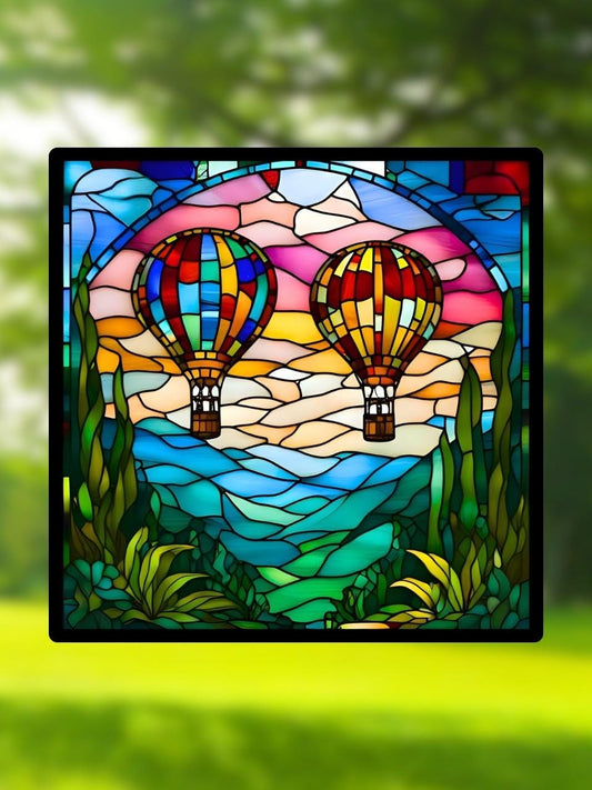 Vitrail "Voyage en Montgolfière" – Art déco paysage, vitrail carré 14,5x14,5 cm, décoration lumineuse colorée et poétique
