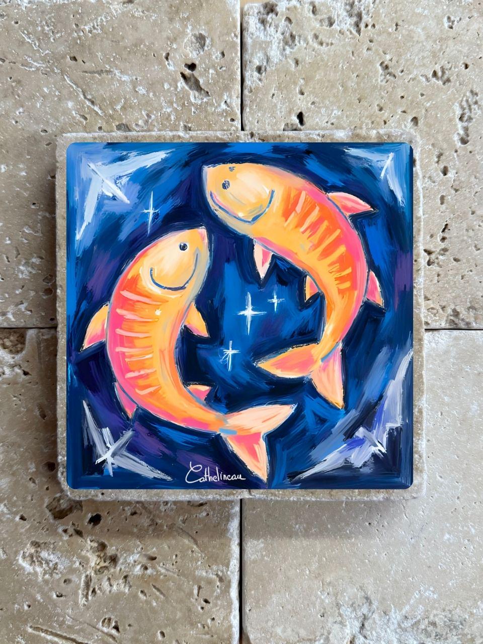Pierre de travertin Poissons – Signe astrologique – Illustration artisanale zodiaque