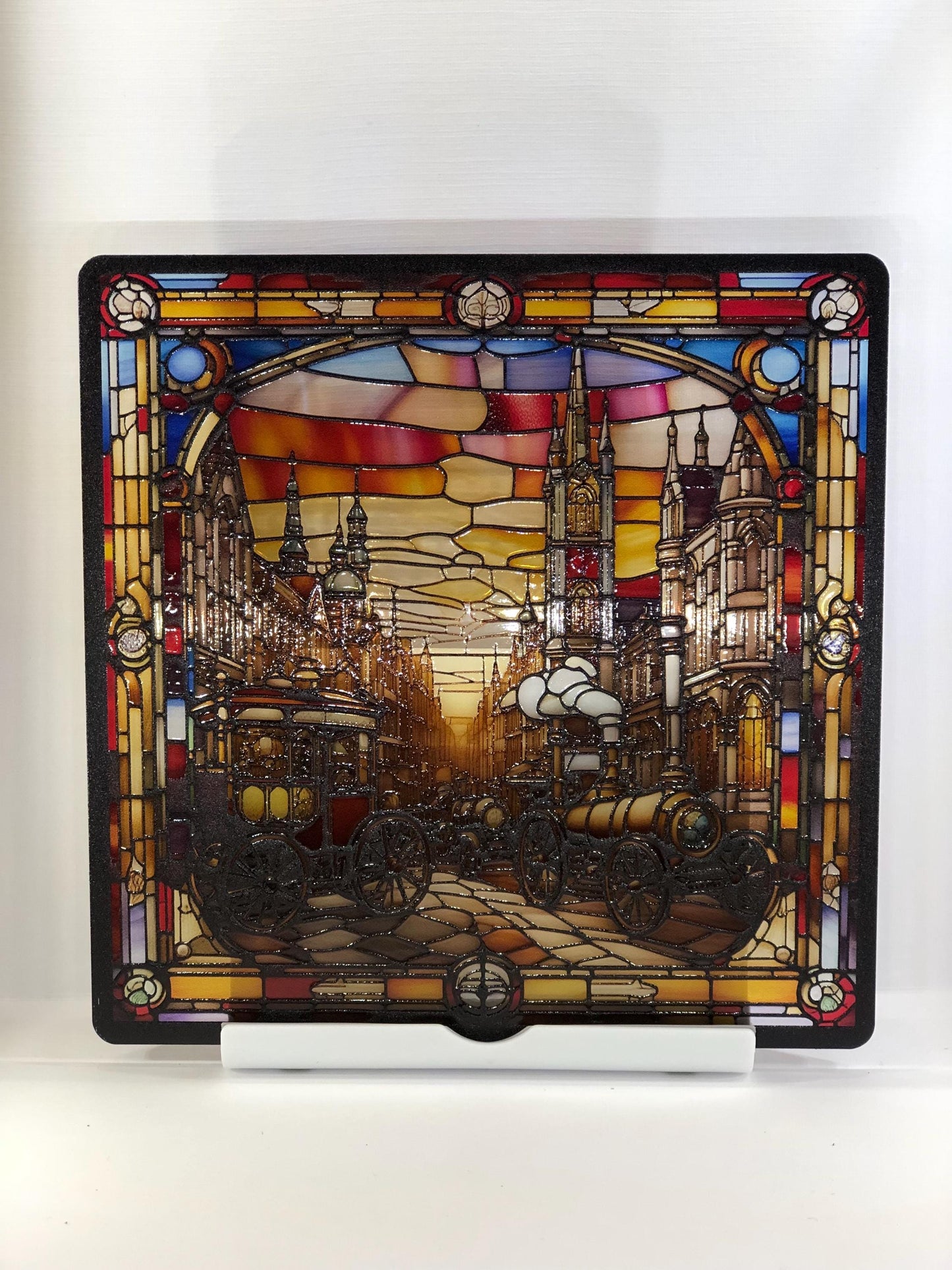 Vitrail La Ville Steampunk – Décoration de Vitre Industrielle – Cadeau Original pour Passionnés de Science-Fiction