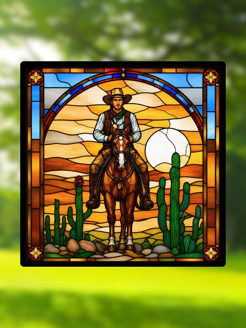 Vitrail Cowboy du Far West – Cavalier et désert décoration western