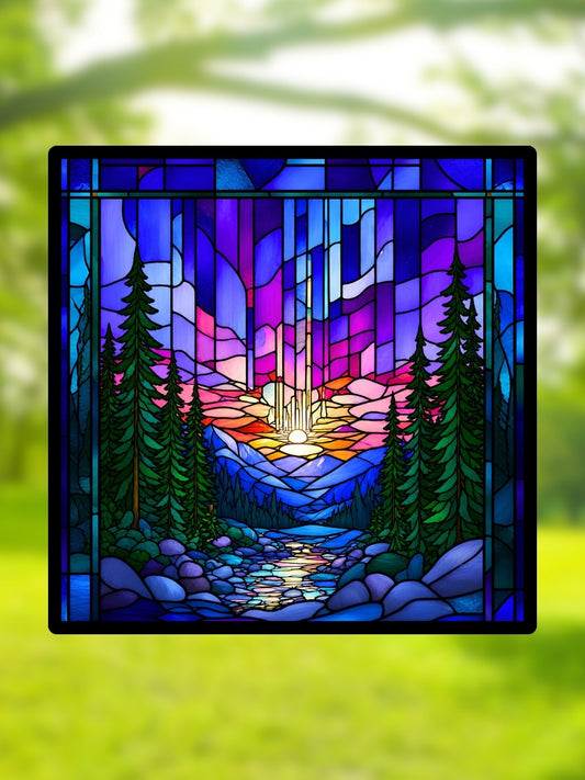 Vitrail Aurores Boréales Violettes – Paysage nordique et rivière de montagne