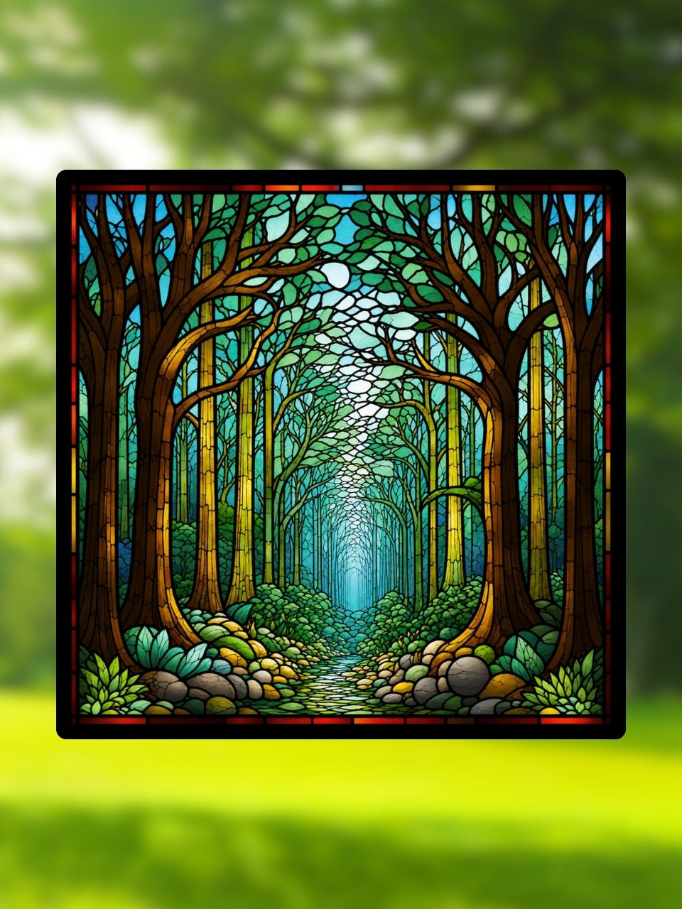 Vitrail Forêt Enchantée – Chemin forestier et arbres majestueux