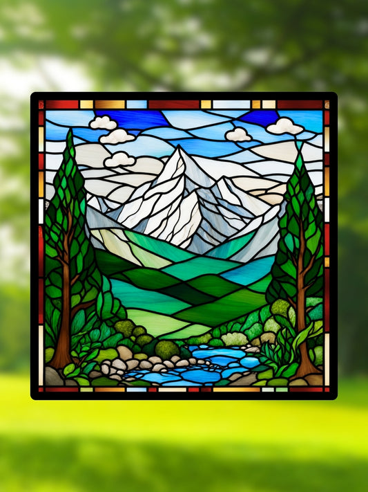 Vitrail Montagnes Alpines – Paysage de montagne et vallée verdoyante