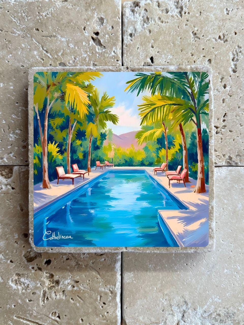 Pierre travertin 10x10 cm – Carreau décoratif piscine et palmiers, verso liège