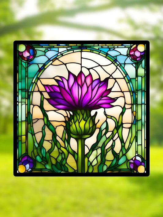 Vitrail "Le Chardon" – Fleur de chardon en vitrail art déco, format carré 14,5x14,5 cm, décoration florale lumineuse