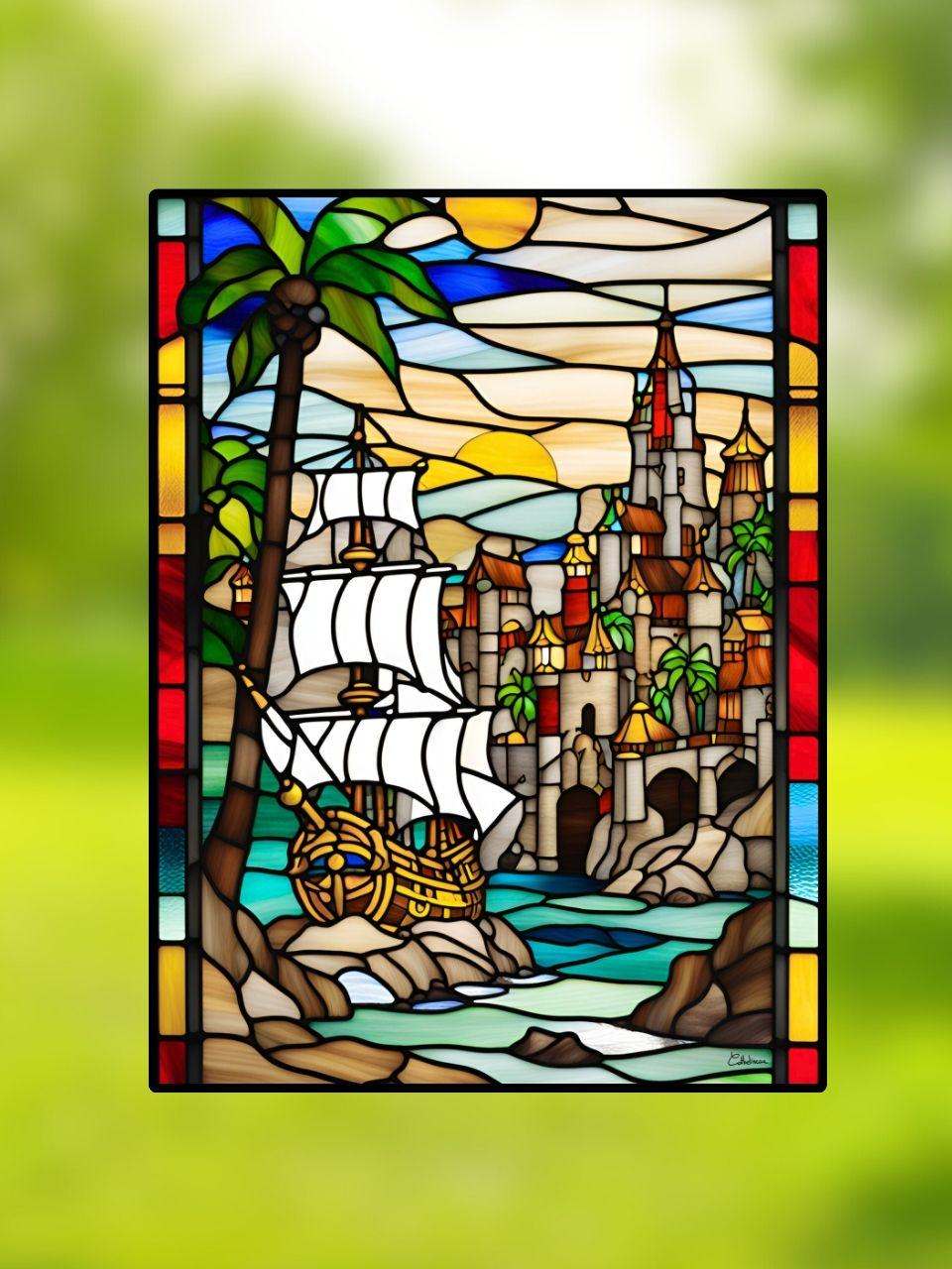 Vitrail Château des Pirates 30x40cm – Décoration vitre Marine – Cadeau Art Nautique