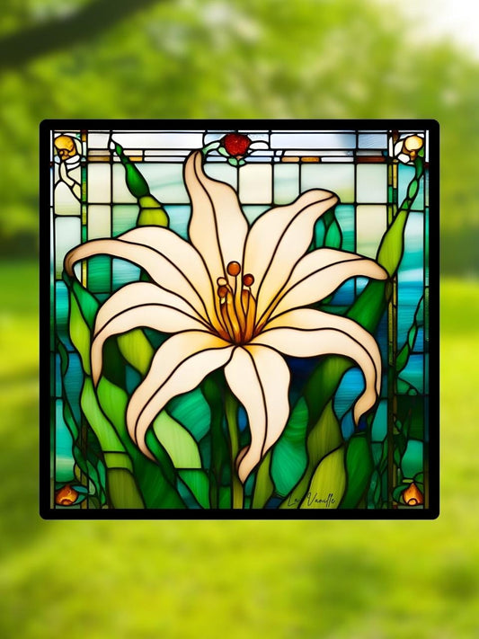 Vitrail "La Vanille" – Fleur de vanille en vitrail botanique, décoration florale lumineuse, esprit serre, format 14,5x14,5 cm