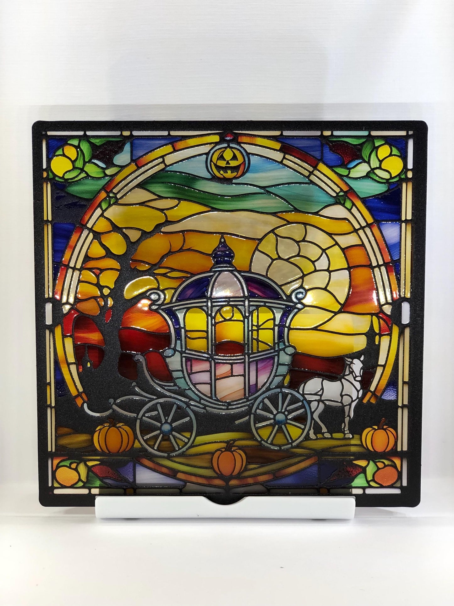 Vitrail Carrosse Citrouille d’Halloween – Décoration de Vitre Enchantée – Cadeau Original pour Passionnés de Contes Fantastiques
