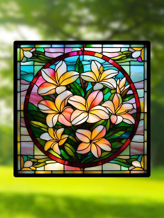 Vitrail Plumeria Frangipanier Hawaii – Décoration vitre Tropicale – Cadeau Art Floral