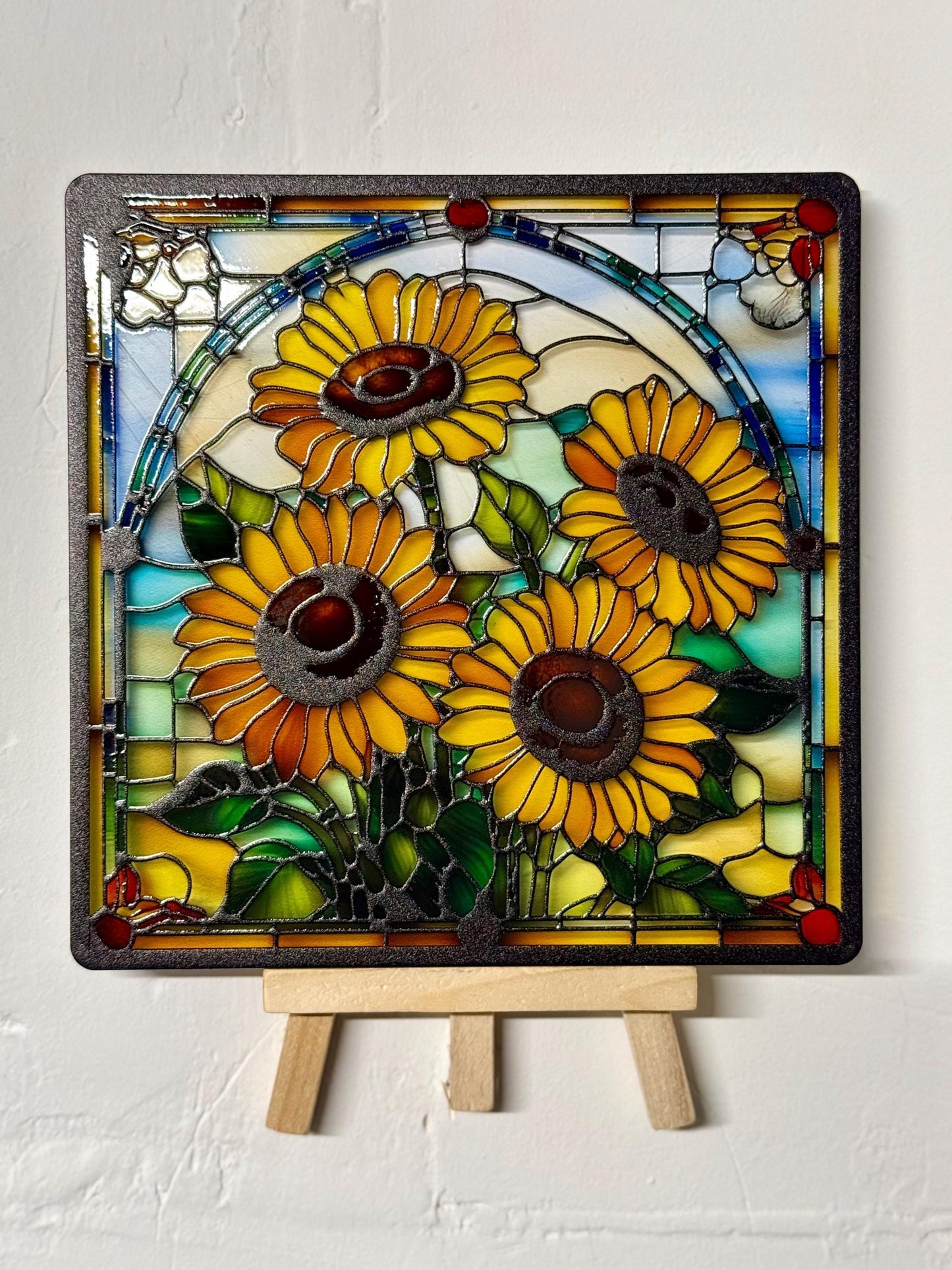 Vitrail "Tournesols" – Art déco floral, vitrail carré 14,5x14,5 cm, décoration lumineuse ensoleillée inspirée de la nature