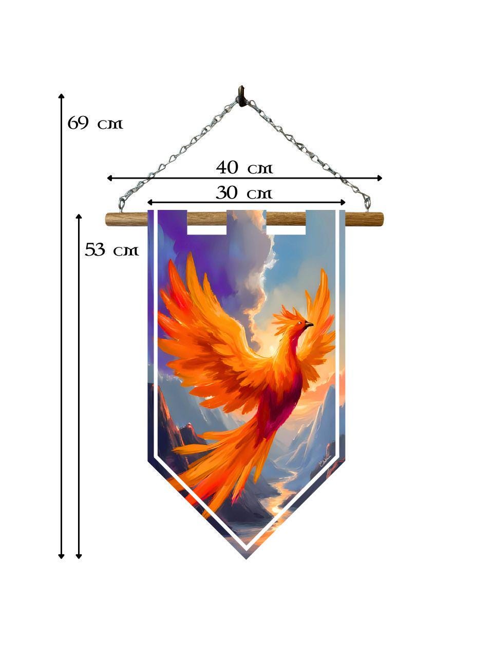 Étendard phénix flamboyant – Bannière murale toile 510g/m2 – Déco murale oiseau légendaire et fantasy