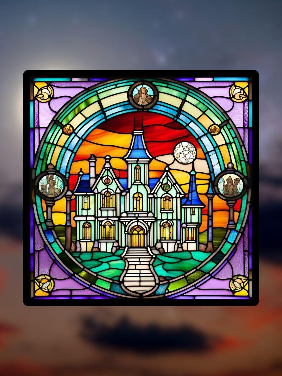 Vitrail Manoir Hanté d’Halloween – Décoration de Vitre Mystérieuse – Cadeau Original pour Passionnés de l’Univers Surnaturel