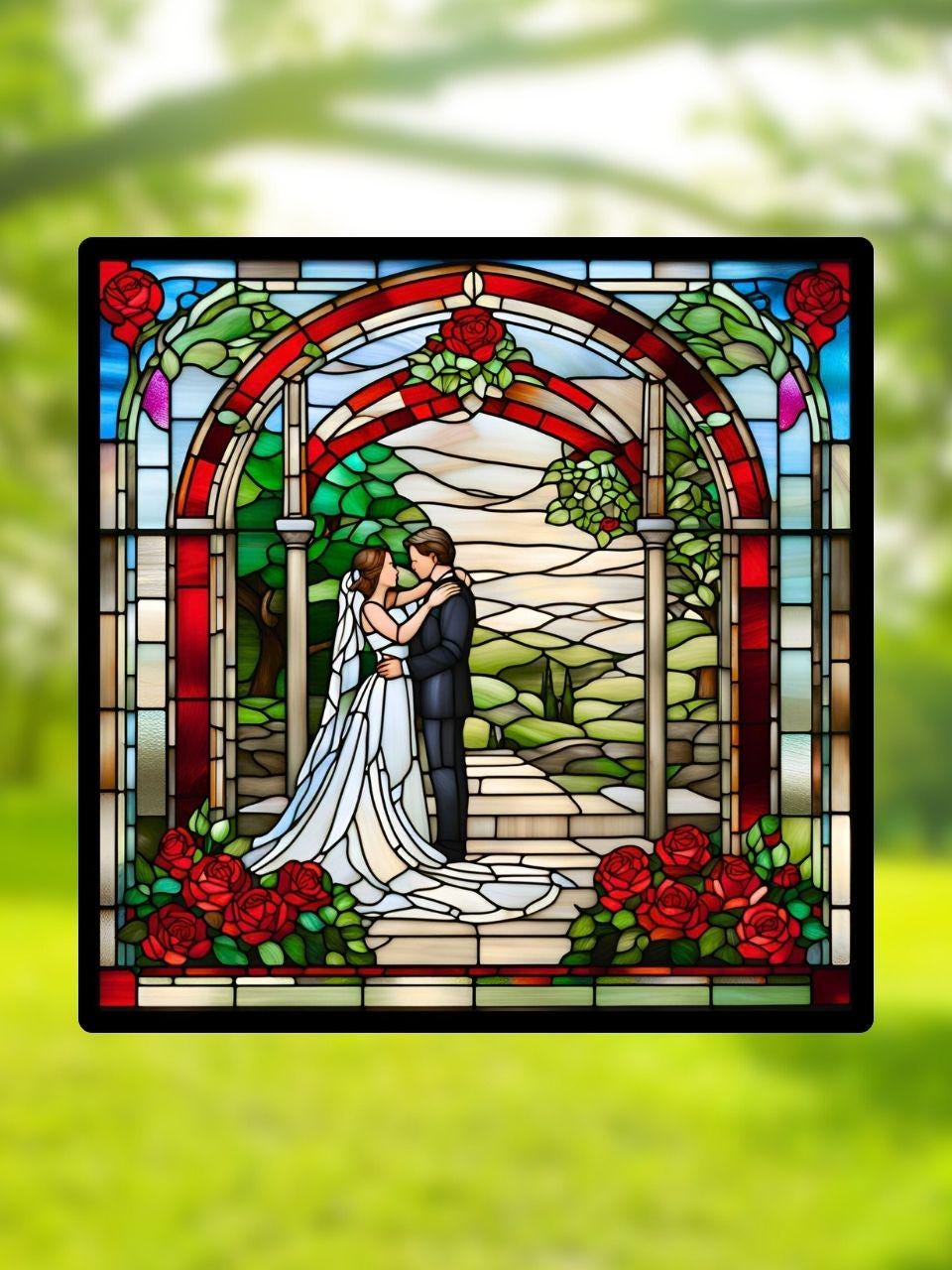 Vitrail Les Mariées aux Roses Rouges – Décoration de Vitre Romantique – Cadeau Original pour Célébrer l'Amour