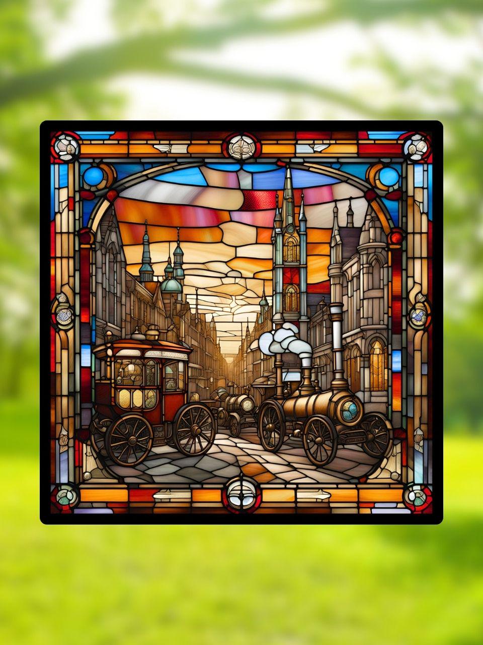 Vitrail La Ville Steampunk – Décoration de Vitre Industrielle – Cadeau Original pour Passionnés de Science-Fiction