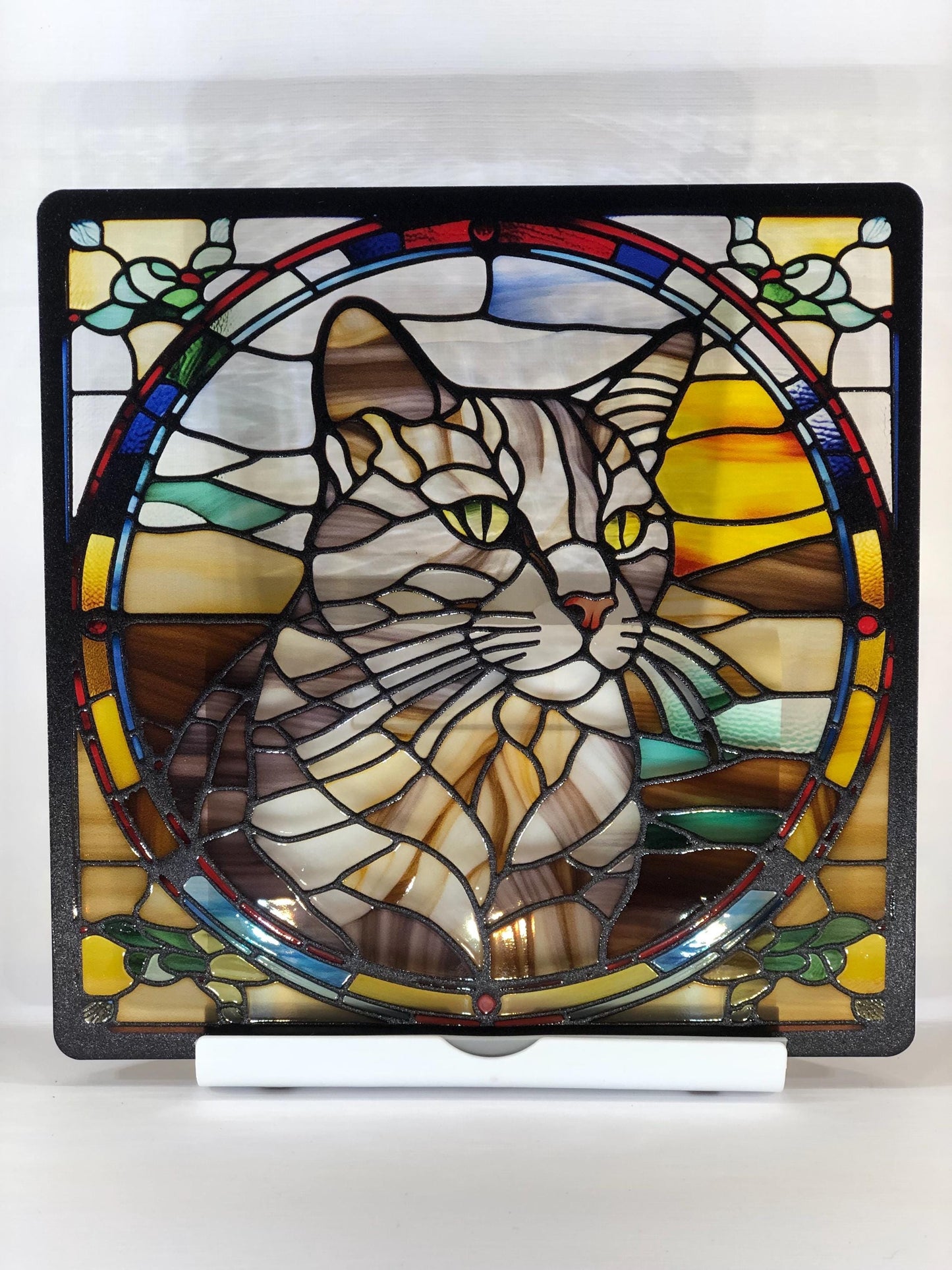 Vitrail Chat Gris – Décoration de Vitre Féline – Cadeau Original pour Amoureux des Chats