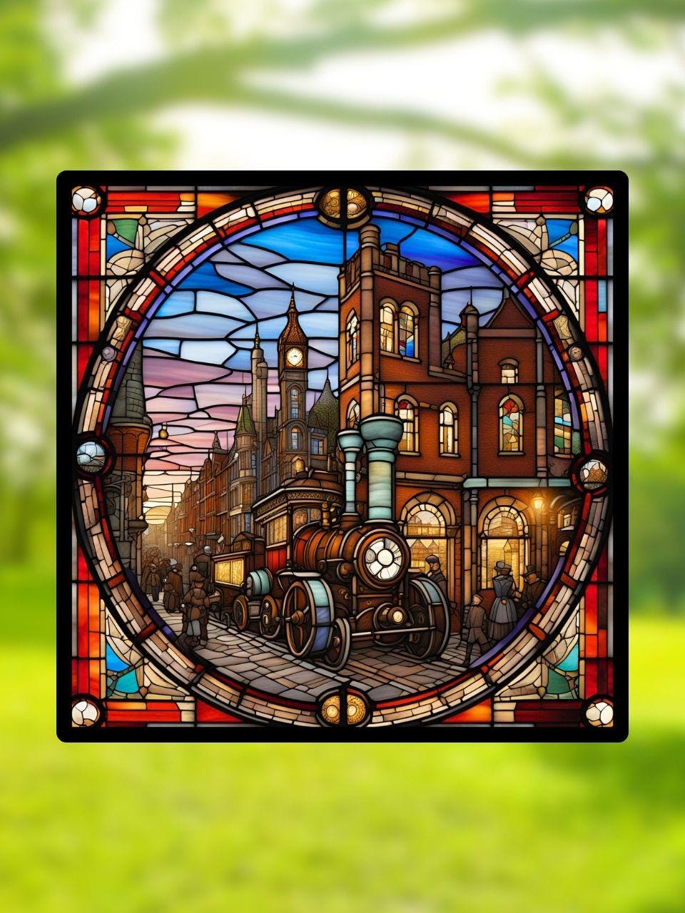 Vitrail La Ville Steampunk – Décoration de Vitre Industrielle – Cadeau Original pour Passionnés de Science-Fiction