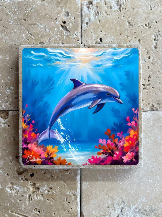 Carreau en travertin 10x10 cm – Dauphin dans l’océan, verso liège