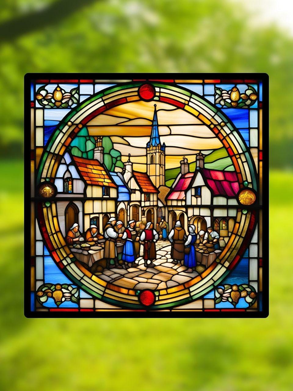 Vitrail Le Village Médiéval – Décoration de Vitre Historique – Cadeau Original pour Passionnés du Moyen Âge