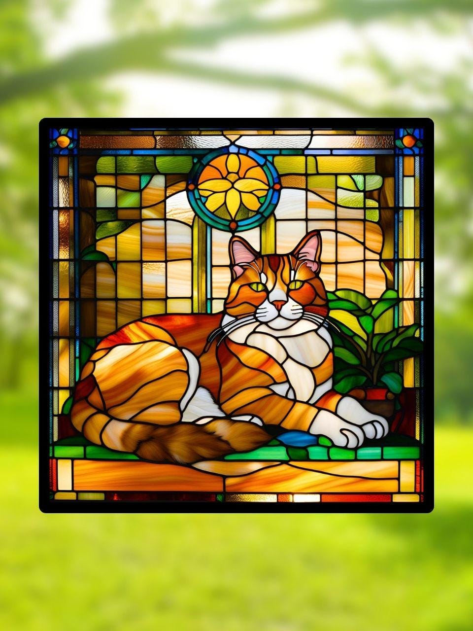 Vitrail Chat Roux – Décoration de Vitre Féline – Cadeau Original pour Amoureux des Chats