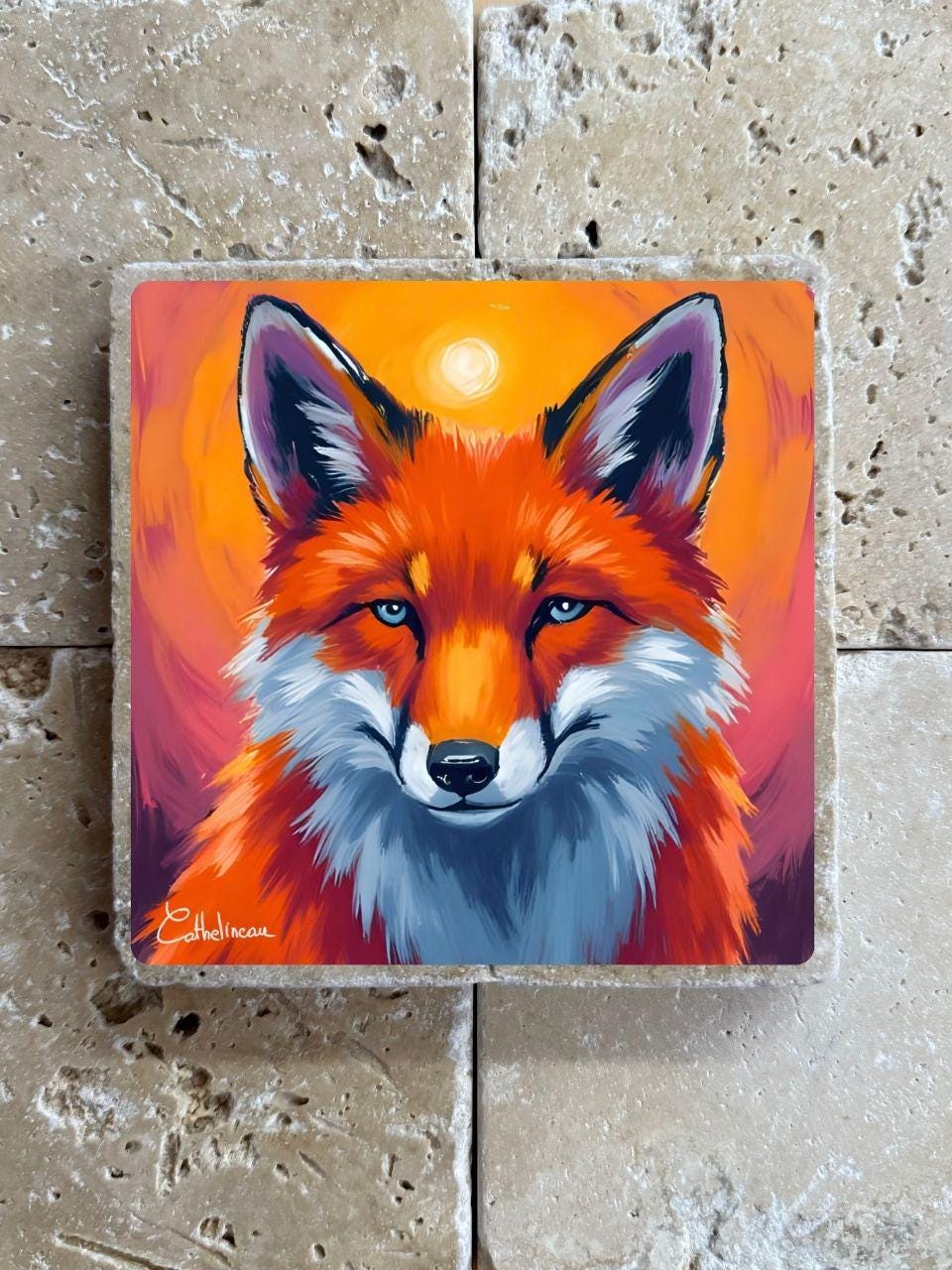 Carreau en travertin 10x10 cm – Renard roux, verso liège