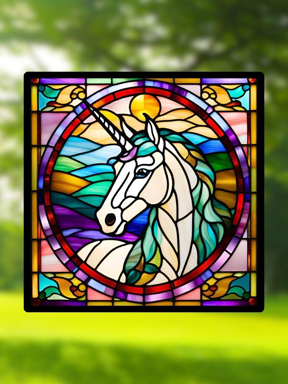 Vitrail La Licorne – Décoration de Vitre Féérique – Cadeau Original pour Passionnés de Créatures Mythiques