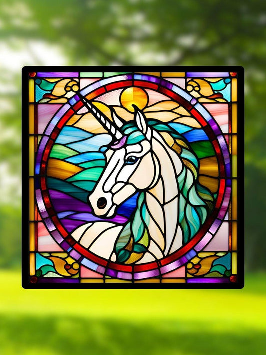 Vitrail La Licorne – Décoration de Vitre Féérique – Cadeau Original pour Passionnés de Créatures Mythiques