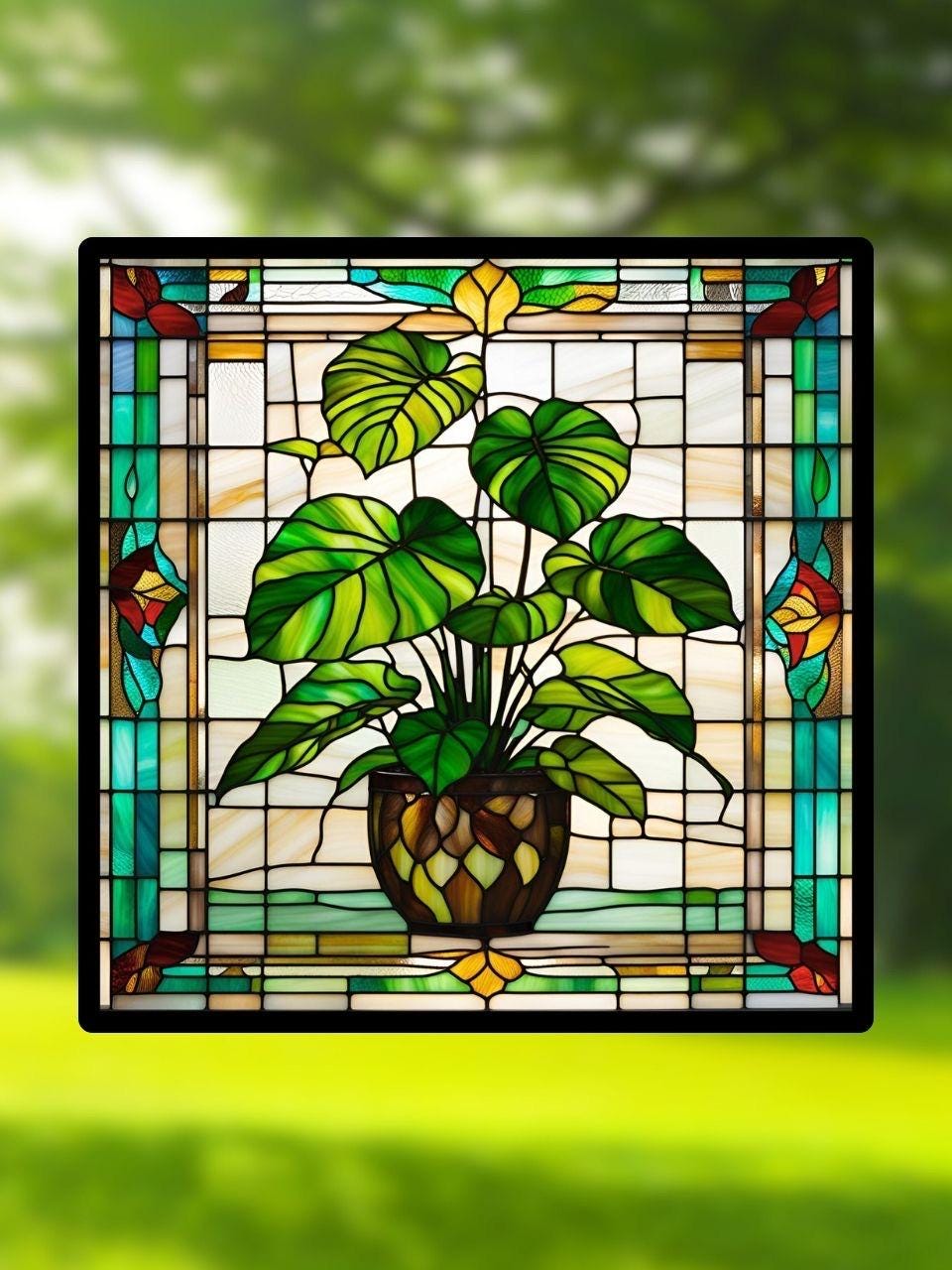 Vitrail Monstera Deliciosa – Plante Tropicale – Décoration de Vitre Botanique – Cadeau Nature