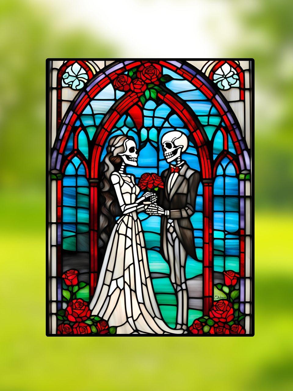 Vitrail Mariage des Squelettes 30x40cm – Décoration vitre Gothique – Cadeau Halloween