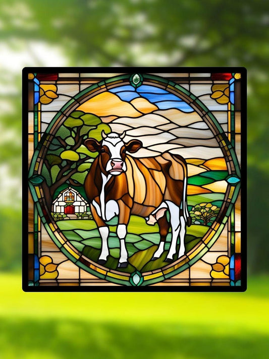 Vitrail Vache en Campagne – Décoration de Vitre Champêtre – Cadeau Fermier Original