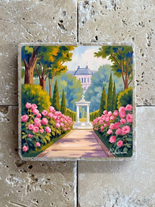 Pierre travertin 10x10 cm – Carreau décoratif jardin fleuri et fontaine, verso liège