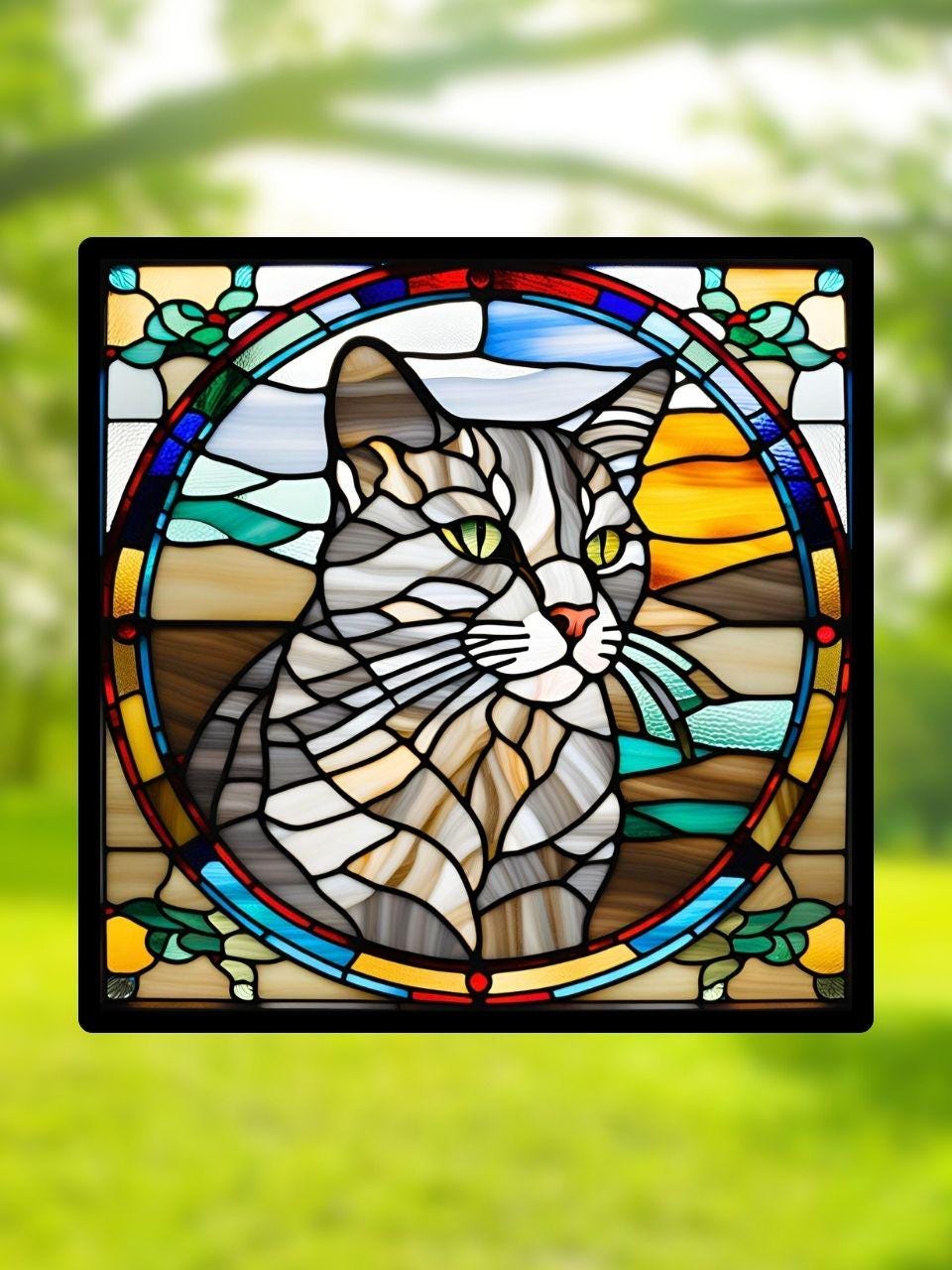 Vitrail Chat Gris – Décoration de Vitre Féline – Cadeau Original pour Amoureux des Chats