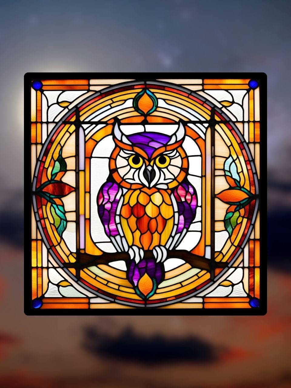 Vitrail Hibou – Décoration de Vitre Enchantée – Cadeau Original pour Passionnés de Nature et de Mystère