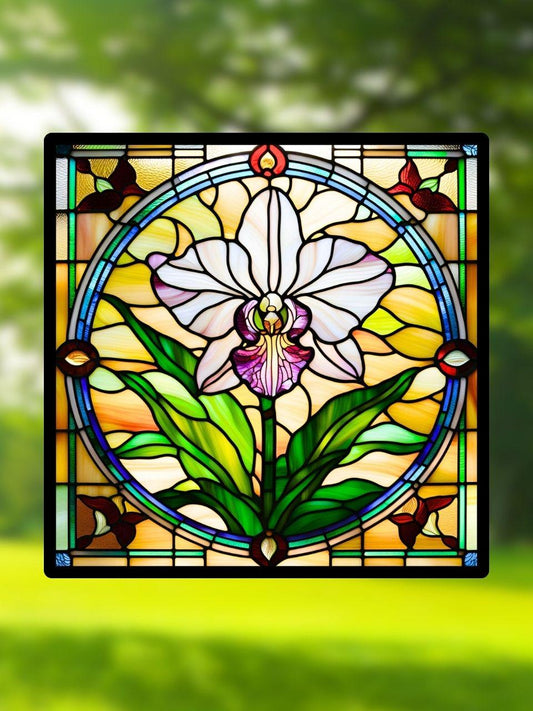 Vitrail Orchidée – Fleur Tropicale – Décoration de Vitre Florale – Cadeau Art Floral