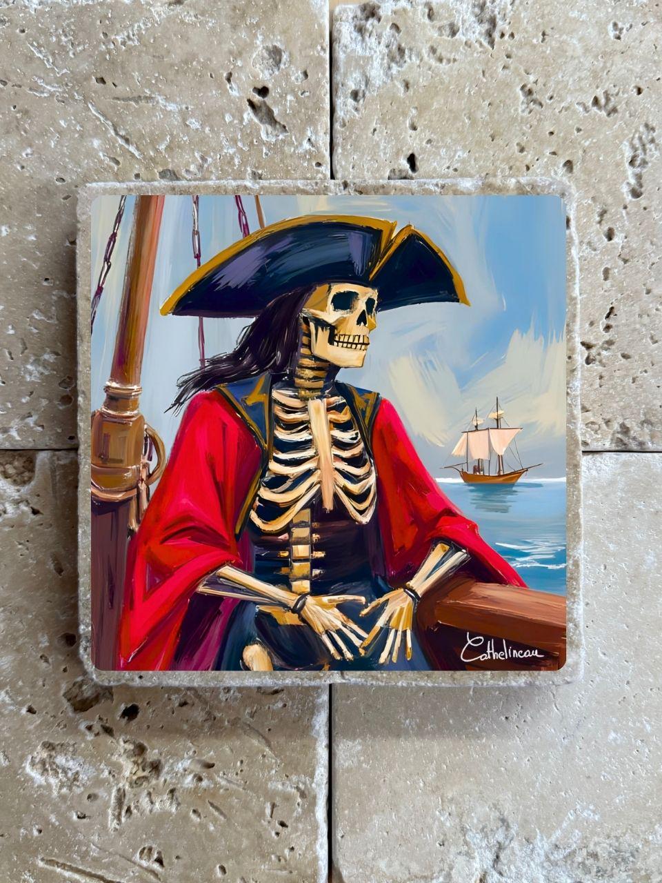 Pierre travertin 10x10 cm – Carreau décoratif pirate squelette, verso liège