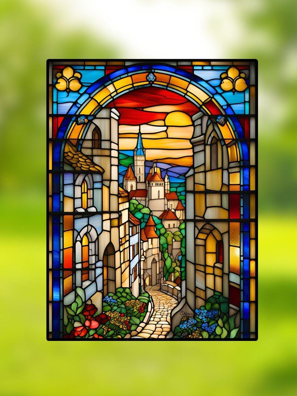 Vitrail Village Médiéval 30x40cm – Décoration vitre Historique – Cadeau Art Médiéval