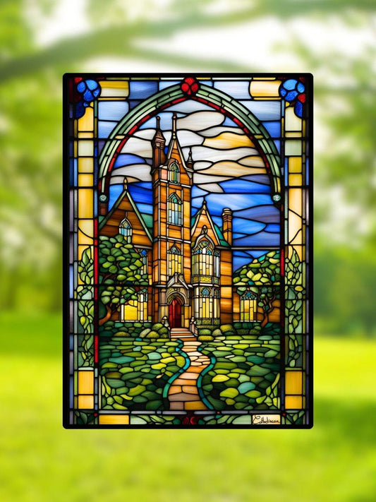 Vitrail Le Manoir 148x210mm – Décoration de Vitre Élégante – Cadeau Original pour Passionnés d’Architecture Mystérieuse