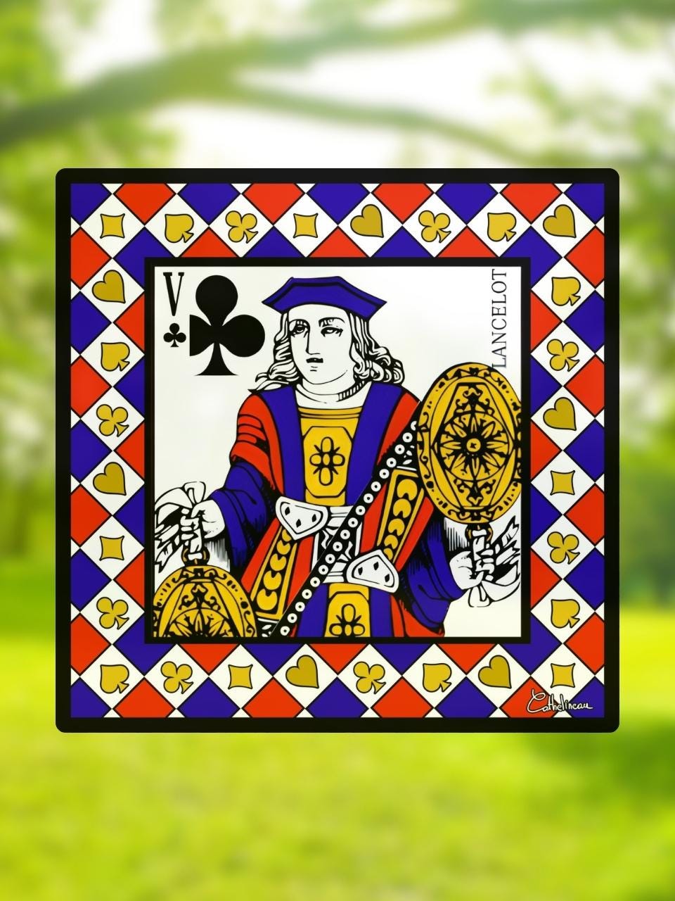 Vitrail "Valet de Trèfle" – Carte à jouer en vitrail art déco, format carré 14,5x14,5 cm, décoration ludique et graphique