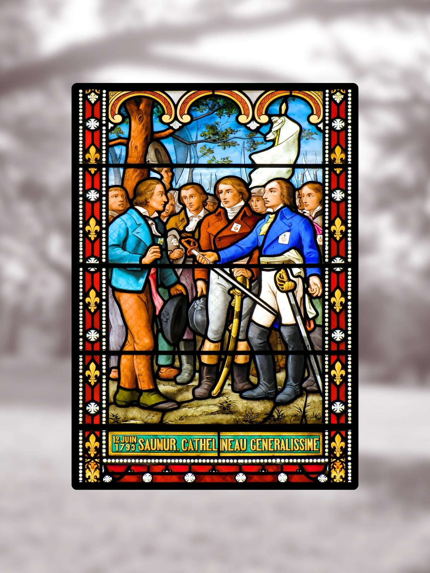 Vitrail historique "Cathelineau généralissime à Saumur – 1793" – Guerre de Vendée, vitrail format 148x210 mm
