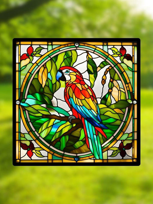 Vitrail Perroquet Tropical – Décoration de Vitre Colorée – Cadeau Exotique pour Amoureux des Oiseaux