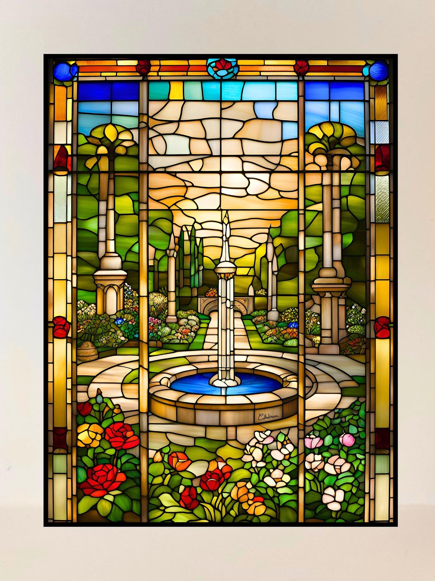 Vitrail Fontaine de Jardin 30x40cm – Décoration vitre Botanique – Cadeau Nature