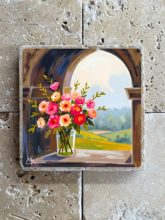 Pierre travertin 10x10 cm – Carreau décoratif bouquet de fleurs paysage, verso liège