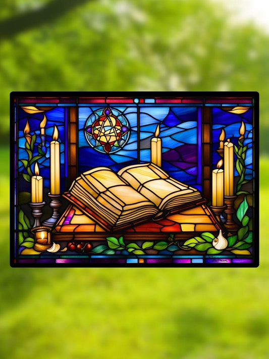 Vitrail Le Livre de Magie 210x148mm – Décoration de Vitre Inspirée de l'Univers Fantastique – Cadeau Original pour Passionnés de Magie