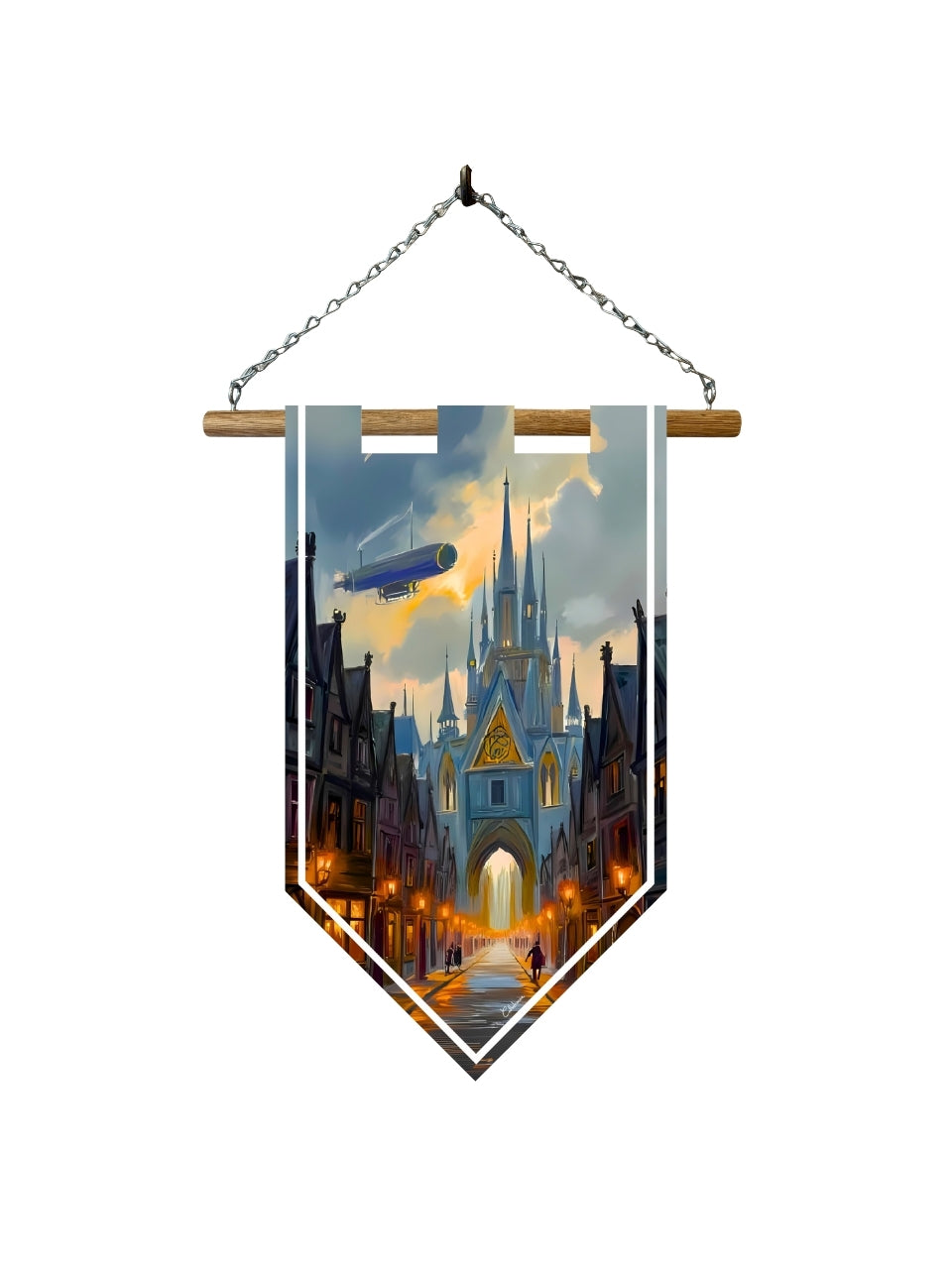 Étendard ville steampunk – Bannière murale toile 510g/m² – Déco murale fantasy et univers steampunk