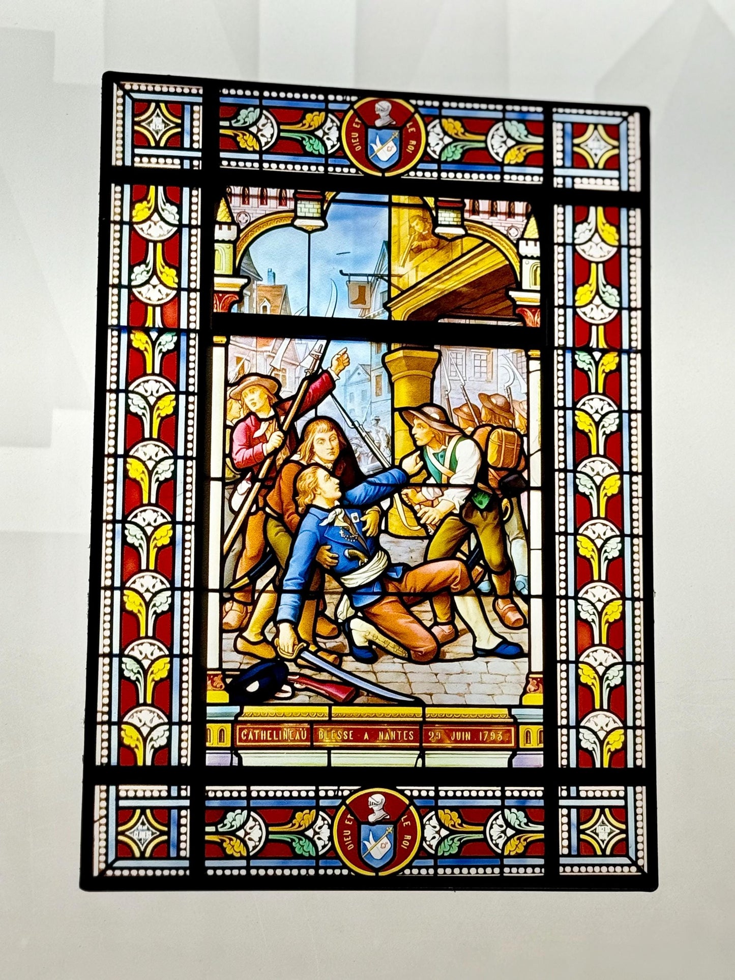 Vitrail historique "Cathelineau blessé à Nantes – 1793" – Scène de la Guerre de Vendée, vitrail format 148x210 mm