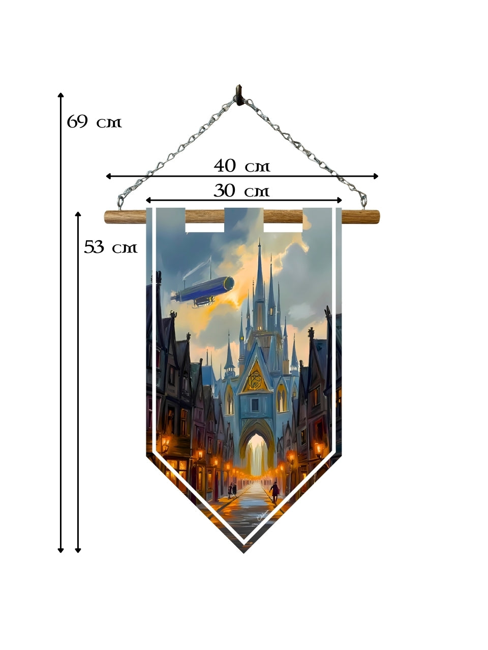 Étendard ville steampunk – Bannière murale toile 510g/m² – Déco murale fantasy et univers steampunk