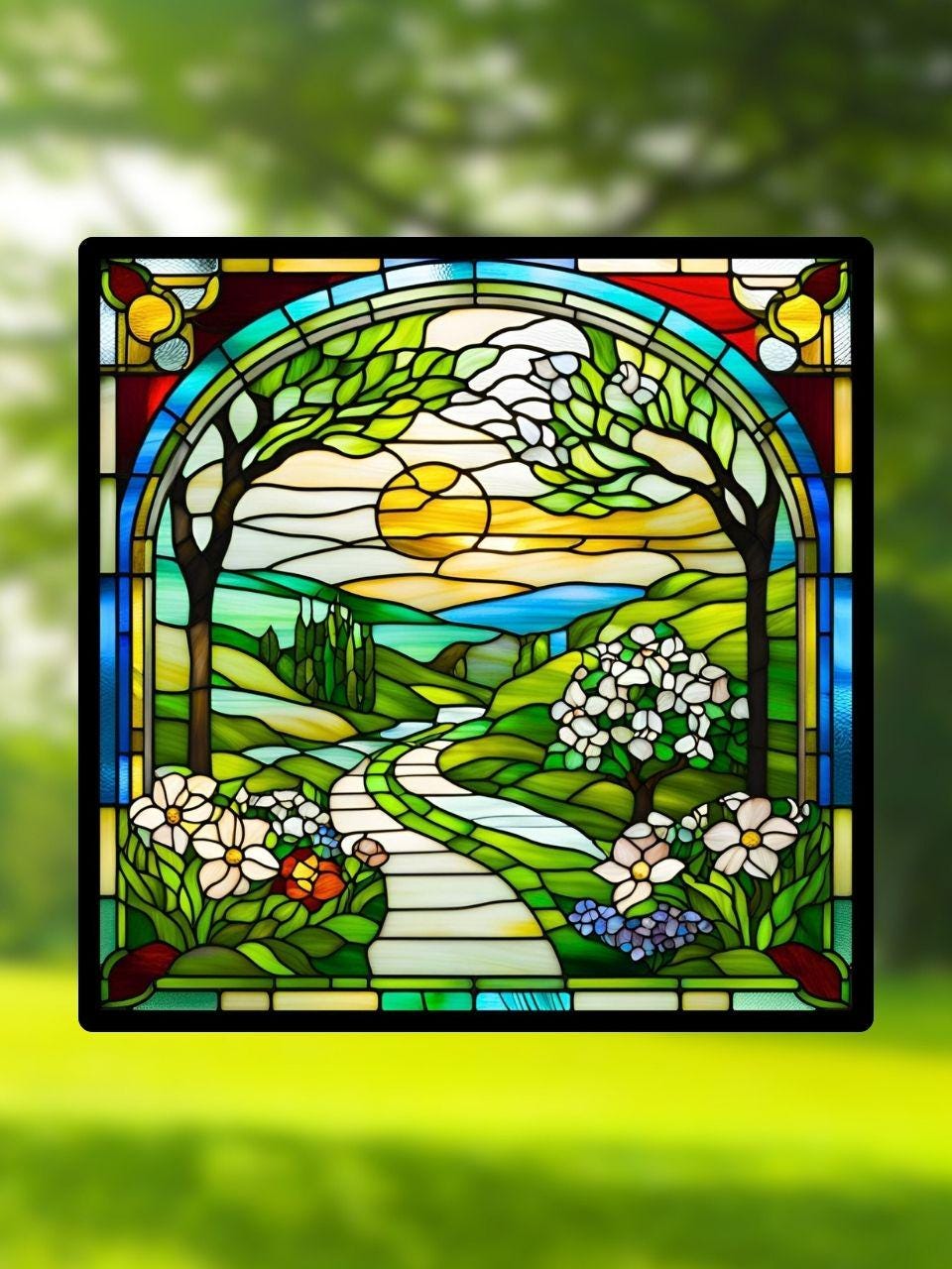 Vitrail La Promenade Florale – Décoration vitre Fleurie – Cadeau Art Floral