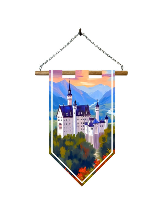 Étendard château montagne – Bannière murale toile 510g/m² – Déco murale fantasy et conte de fées